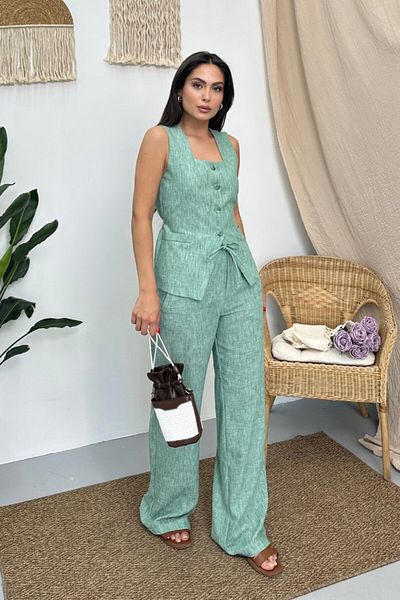 spirituel Women's Double Bottom Top Suit Linen Buttoned Square Collar Waist Lace-Up Regular Vest Loose Pants Suit