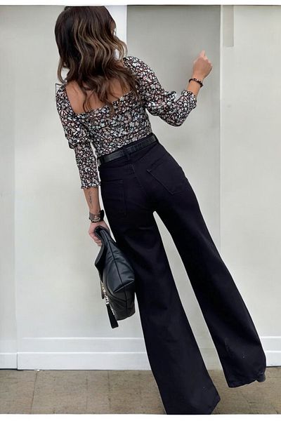 Livik Caroline Women's Black Extra High Waist Stretchy Waist Pocket Detailed Wide Leg Jean