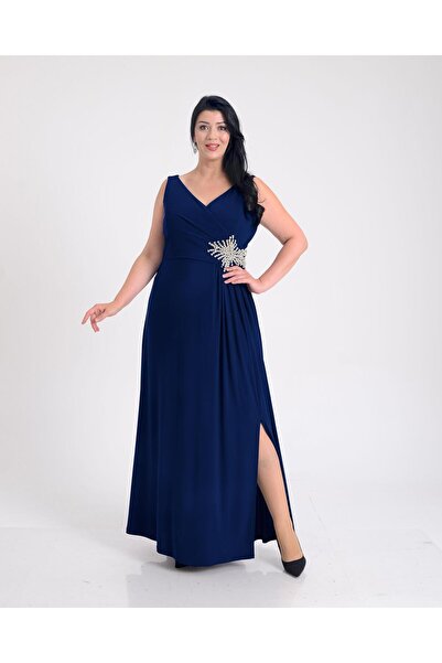 LİLAS XXL 9584 Büyük Beden Kalın Askı Taş Boncuk Broşlu Uzun Tül Şifon Elbise