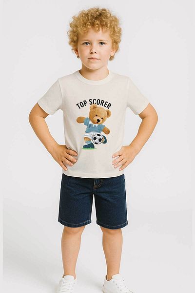 peki baby&kids Boy's Combed Cotton Top Scorer Teddy Printed T-Shirt 19480