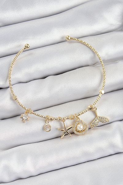 BESKAR Brass Zircon Stone Oyster and Starfish Model Gold Color Charm Bracelet