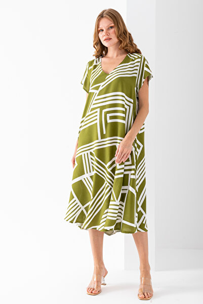 GİYSA Women's V-Neck Geometric Pattern Cotton Dress Green - 25Y F510
