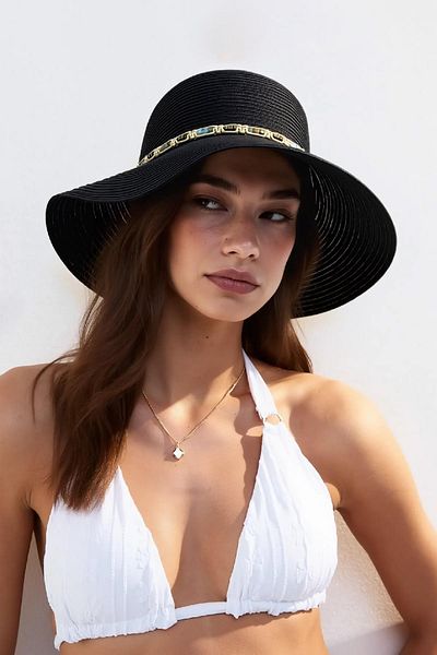 Külah Women's Boho Embroidered Straw Hat - Black