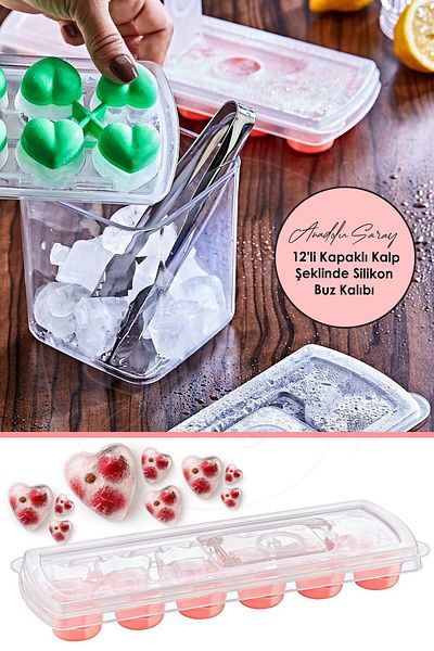 Anadolu Saray Practical 12-Piece Clamshell Heart Shaped Silicone Ice Mold |   Silicone Bass Finger Heart Shaped Ice Mold