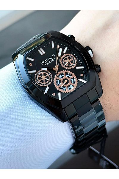 Ferrucci Men's Black Functions Active Geometric Case,Metal Cord Wrist Watch