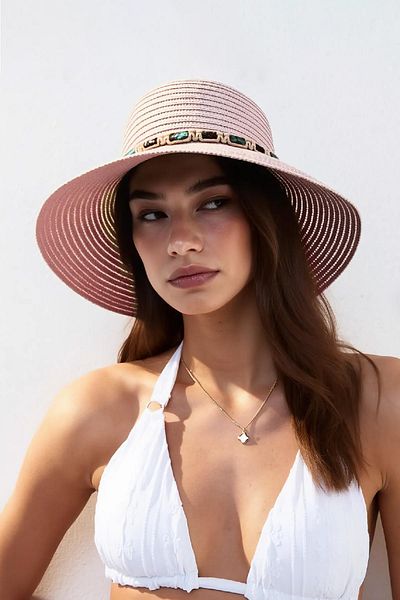 Külah Women's Boho Embroidered Straw Hat - Pink