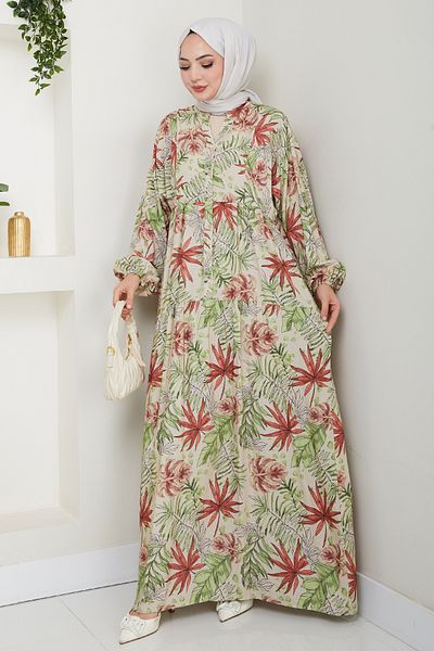 InStyle Mixed Palm Pattern Green Viscose Dress