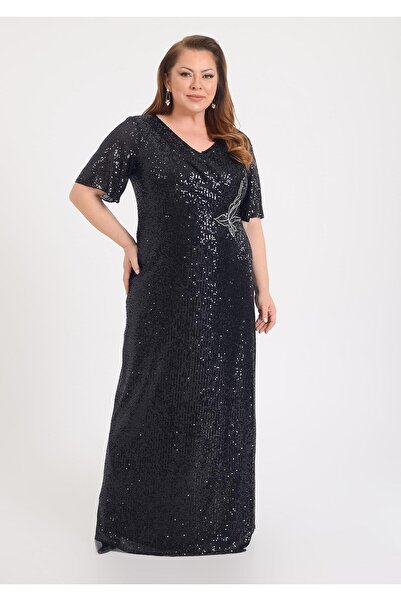 LİLAS XXL 9646 Büyük Beden Vyaka Kelebek Nakış Pulpayet Uzun Elbise