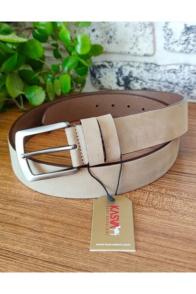 KASVA DERİ 4 Cm Cream Nubuck Original Leather Belt
