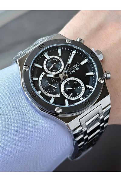 Ferrucci Men's Silver Black Functions Active Metal Cord Wrist Watch