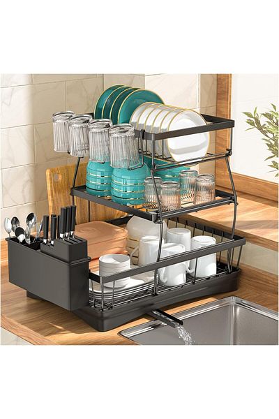 COOYA Kitchen Metal Storage and Organizer Rack with 3 Layers, Tray, 41x30x40cm, Dish Shelf