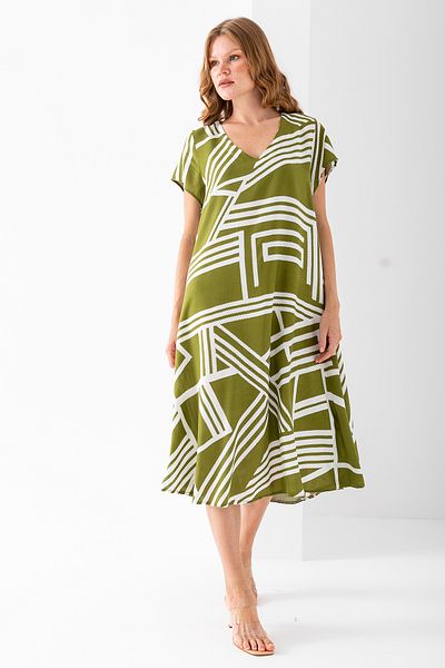 GİYSA Rochie de damă din bumbac cu decolteu în V cu modele geometrice verde - 25 ani F510 Mărime standard