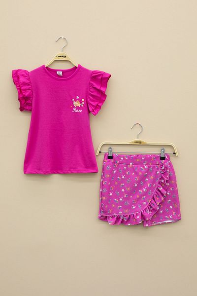 Cansın Mini Fuchsia Ruffled Sleeves Floral Print Shorts Skirt 2-Piece Set 20718