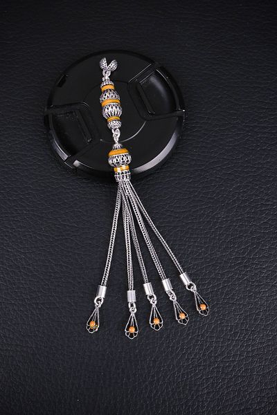 ENCİLİ SİLVER 925 Sterling Silver Special Design Five Hanging Yellow Enamel Prayer Beads Tassel
