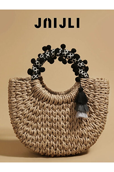 ÇANTA Bohemian Style Ethnic Ruffle Straw Bag, Women's Hand Bag French Vintage Woven Brown Bag