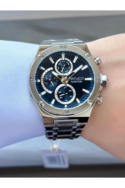 Ferrucci Men's Silver Navy Blue Functions Active Metal Cord Wrist Watch