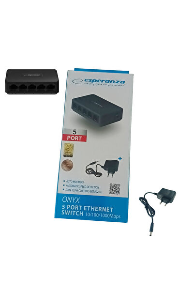 ESPERANZA Switch Ethernet Gigabit cu 5 porturi RJ-45 10/100/1000 Mbps, 5V, cu incarcator, negru