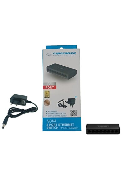 ESPERANZA Switch Ethernet Gigabit cu 8 porturi RJ-45 10/100/1000 Mbps, 12V, cu incarcator, negru