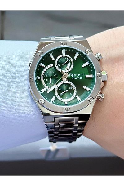 Ferrucci Men's Silver Green Functions Active Metal Cord Wrist Watch
