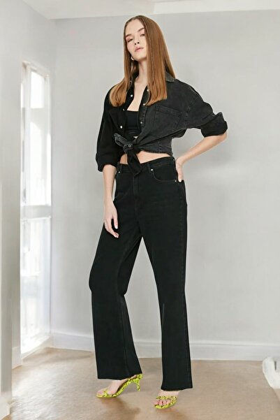 Livik Francesca Γυναικείο Μαύρο Εξαιρετικά Ψηλόμεσο Ευέλικτο Μέση Άνετο Φαρδύ Τζιν παντελόνι