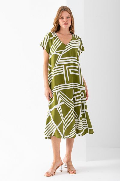 GİYSA Rochie de damă din bumbac cu decolteu în V cu modele geometrice verde - 25 ani F510 Mărime standard