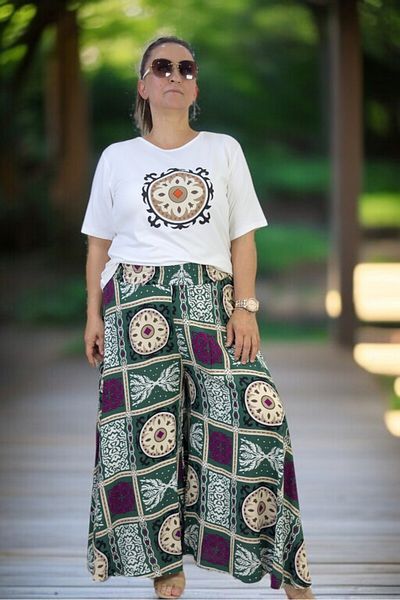 yagmurberen Wide Cut Cotton Viscosse Pants Skirt Combed Bluz Double Suit with Elastic Belt