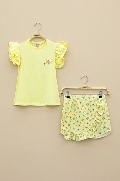 Cansın Mini Yellow Ruffled Sleeves Floral Print Shorts Skirt 2-Piece Set 20719