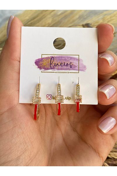 Lucios Vip Baguette Stone Detailled Colorful 3-Piece Earring Set
