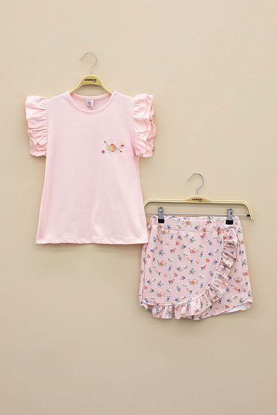 Cansın Mini Salmon Sleeves Ruffle Floral Print Shorts Skirt 2-Piece Set 20715