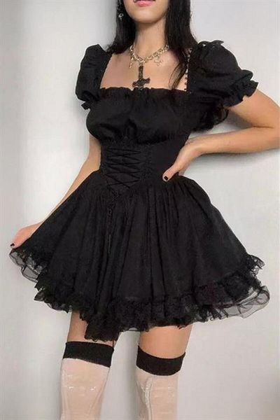 Karakedi Black Short Balloon Sleeve Lace Detailed Gothic Dress