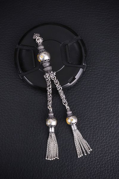 ENCİLİ SİLVER 925 Sterling Silver Special Design Three Ball Model Double Hanging Yellow Moon Star Enamel Prayer Beads