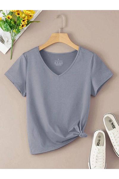 FAVORİST V-Neck (plain Patternless) Basic Cotton T-shirt