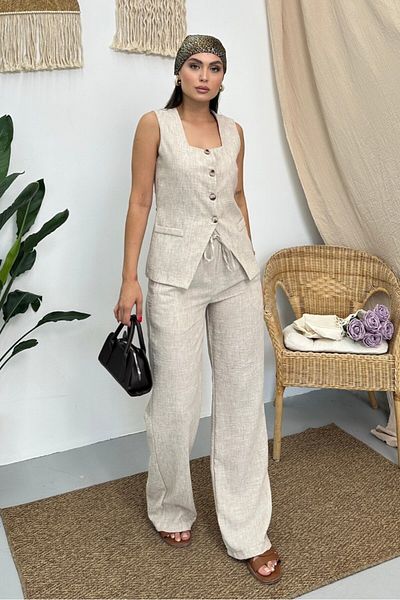 spirituel Women's Double Bottom Top Suit Linen Buttoned Square Collar Waist Lace-Up Regular Vest Loose Pants Suit