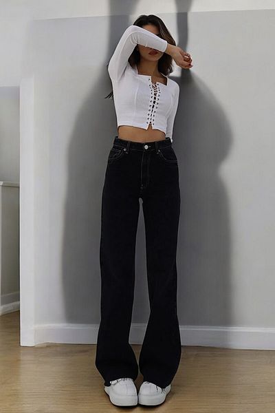 Livik Hannah Young Girl Black High Waist Lycra 9 Pockets Wide Leg Jeans