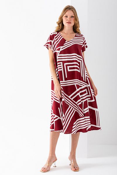 GİYSA Rochie de damă din bumbac cu decolteu în V cu modele geometrice Burgundy - 25 ani F510 Mărime standard