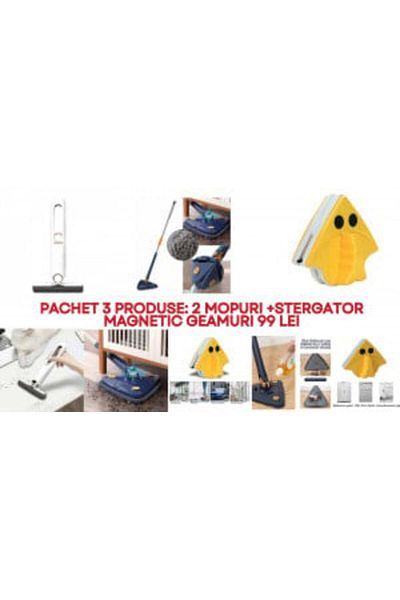 Blusmart Package of 3 cleaning products: adjustable triangular mop, hand sponge mop, and magnetic window wipe