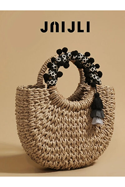 ÇANTA Bohemian Style Ethnic Ruffle Straw Bag, Women's Hand Bag French Vintage Woven Brown Bag