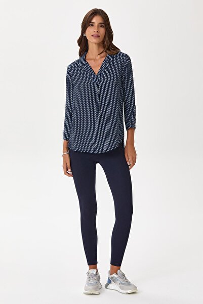 İKİLER Shirt Collar Front Pleated Patterned Blouse