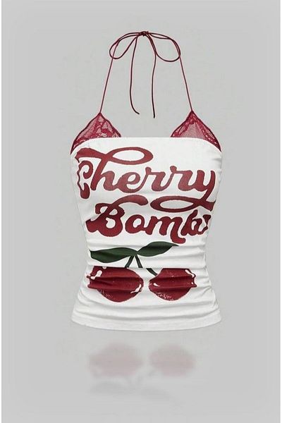 Wisevelya White Cherry Bomb Lace Additional Y2K Strap Crop