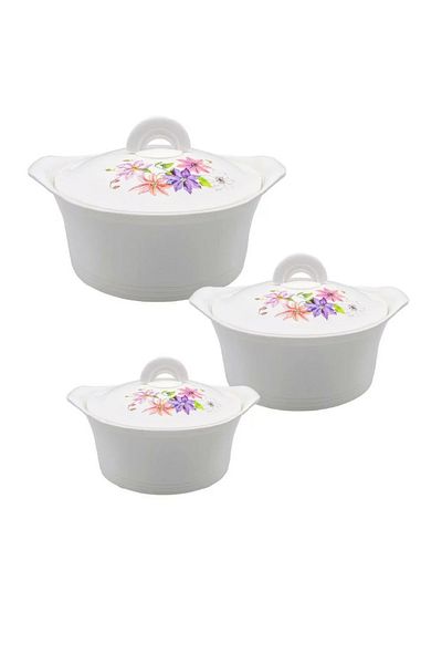 BASURRAH 3-Piece White Decorated Food Container Set – 1L, 1.5L & 2.5L Airtight Storage for Kitchen & Serving