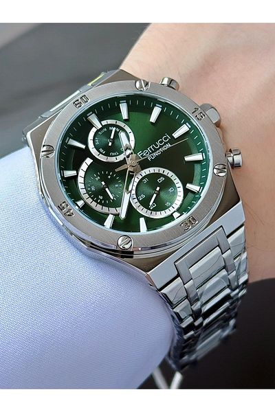 Ferrucci Men's Silver Green Functions Active Metal Cord Wrist Watch
