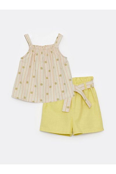 LC Waikiki Lcw Baby Ecru Square Neck Patterned Baby Girl Blouse and Shorts 2-Piece Set