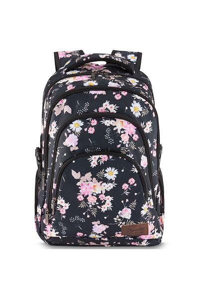 zagatto Rucsac școlar pentru fete, model floral negru, potrivit pentru laptop de 17”, impermeabil, 7 buzunare, ZG879