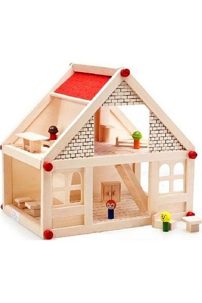 OEM Handmade natural wooden dollhouse, with 4 figurines and furniture, 38 cm high, Role play
