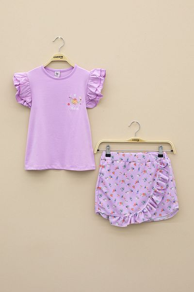 Cansın Mini Lilac Ruffled Sleeves Floral Print Shorts Skirt 2-Piece Set 20717