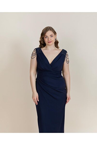 DORİDORCA 6092 Büyük Beden Omuz Taşlı Vyaka Drapeli Uzun Krep Elbise