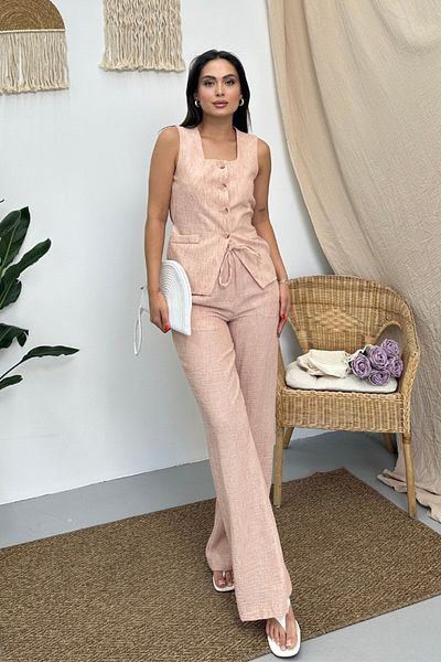 spirituel Women's Double Bottom Top Suit Linen Buttoned Square Collar Waist Lace-Up Regular Vest Loose Pants Suit