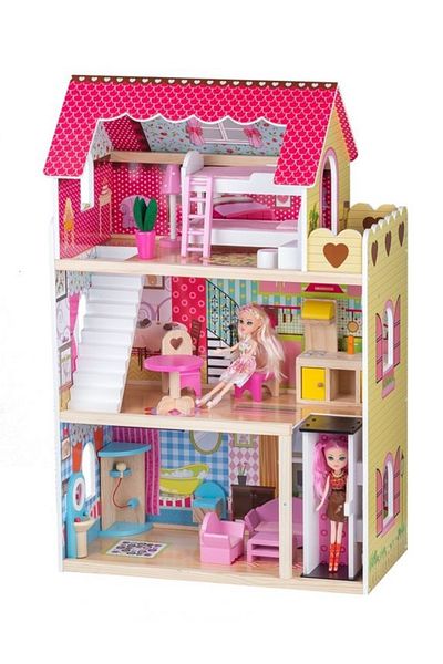Ecotoys Large Wooden Dollhouse, Raspberry, with Elevator, 16 Furniture Pieces and 2 Dolls, 90 cm