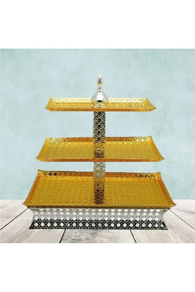 BASURRAH Large rectangular gold metal three-tier dessert serving platter