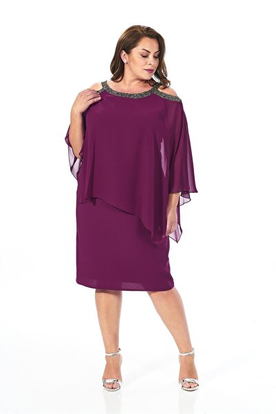 LİLAS XXL 8114 Büyük Beden Taş Detay Omuz Penceereli Bluzlu Şifon Kısa Elbise